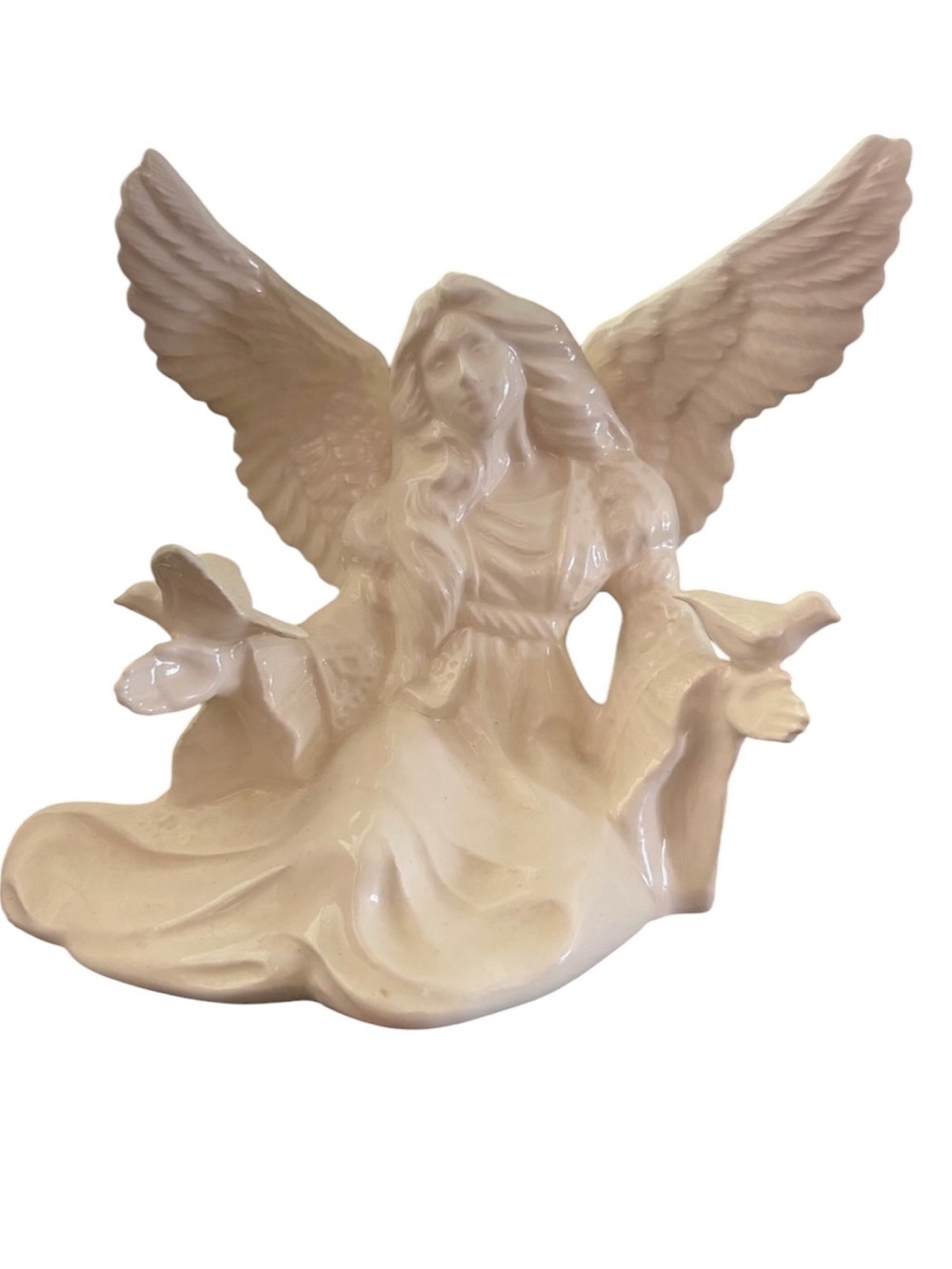 Glossy White Ceramic Angel Sculpture with Doves